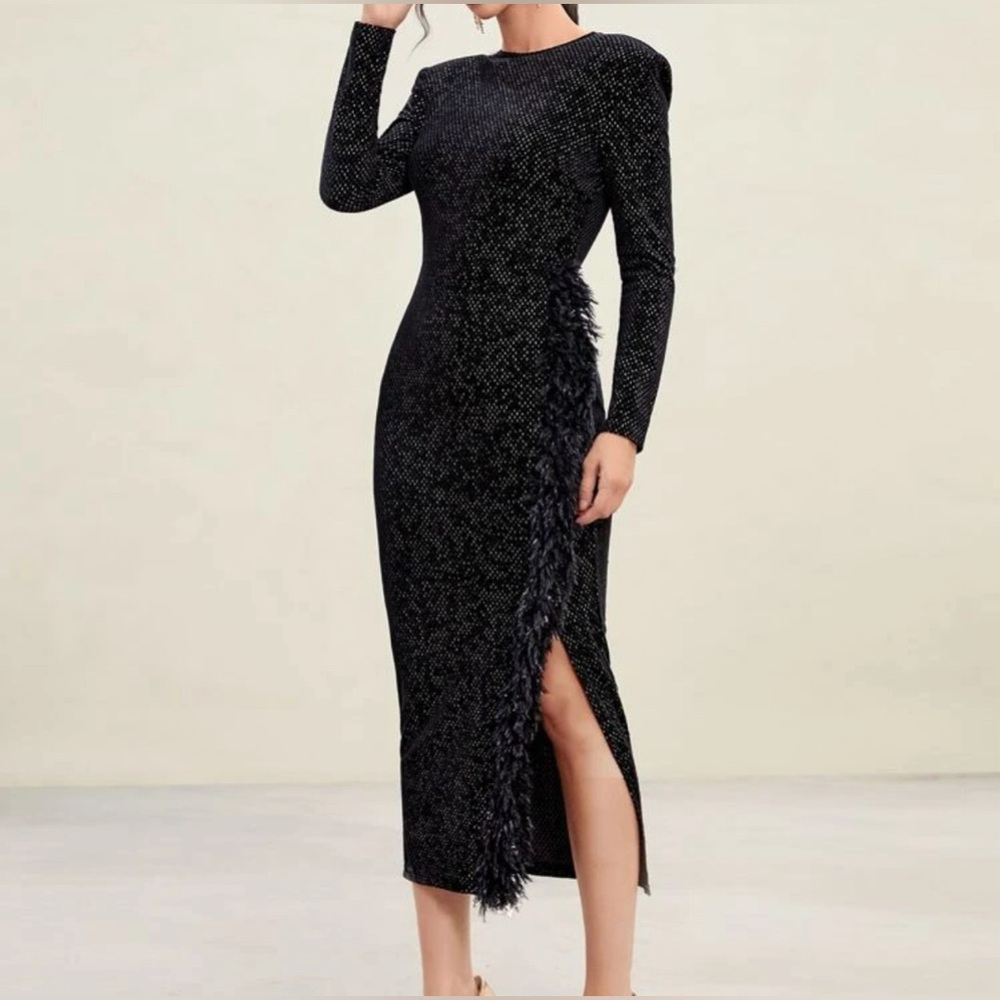 SHEIN Modely Ruffle Trim Split Thigh Velvet Dress